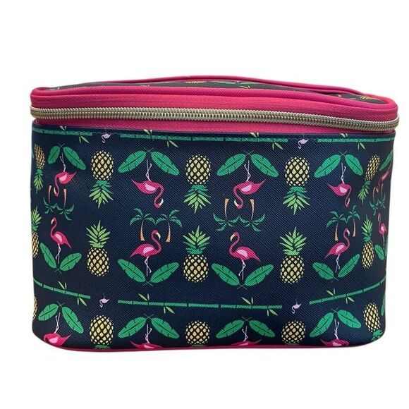 Dabney Lee Large Cosmetic Makeup Travel Bag Flamingo Pineapple Zips with Handle - Picture 1 of 5